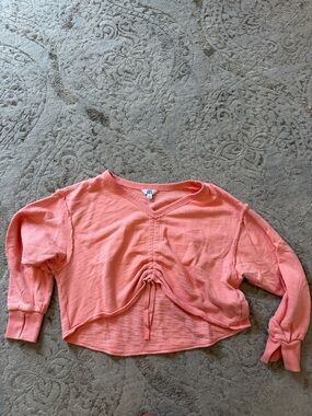 JoyLab Coral Drawstring Cropped V‑Neck Sweatshirt